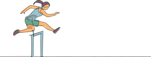Single kontinuierlich Linie Zeichnung von jung agil Frau Läufer Zug zu springen beim Hürde laufen. gesund Lebensstil Konzept. modisch einer Linie zeichnen Design Grafik Illustration zum Laufen Rennen Beförderung png