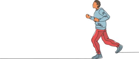 1 solteiro linha desenhando do jovem enérgico homem corredor corre relaxar às a manhã ilustração gráfico. saudável esporte Treinamento conceito. moderno contínuo linha desenhar Projeto para corrida raça bandeira png