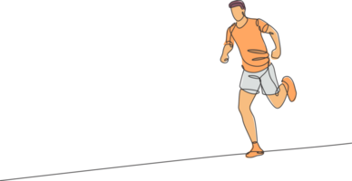Single kontinuierlich Linie Zeichnung jung agil Mann Läufer Hobby zu Lauf entspannen beim Freizeit Zeit. gesund Lebensstil Konzept. modisch einer Linie zeichnen Design Illustration Grafik zum Laufen Rennen Beförderung png