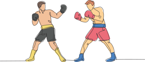 Célibataire continu ligne dessin de deux Jeune agile Hommes boxeur provoquer rival à boxe correspondre. juste combatif sport concept. branché un ligne dessiner conception illustration pour boxe Jeu promotion médias png