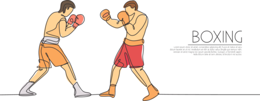 1 solteiro linha desenhando dois jovem enérgico homens boxer brigando às evento ilustração gráfico. esporte combativo Treinamento conceito. moderno contínuo linha desenhar Projeto para boxe campeonato bandeira png