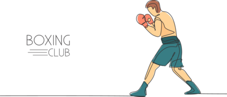 Single continuous line drawing young agile man boxer ready for fighting at match. Fair combative sport concept. Trendy one line draw design graphic illustration for boxing game promotion media png