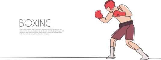 One single line drawing of young energetic man boxer focus practicing upper cut punch illustration. Sport combative training concept. Modern continuous line draw design for boxing event banner png