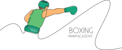 uno singolo linea disegno di giovane energico uomo pugile praticante punch azione illustrazione. sport combattivo formazione concetto. moderno continuo linea disegnare design per boxe campionato bandiera png