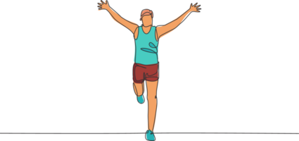 uno continuo línea dibujo de joven hombre atleta corredor alcanzar terminar línea. individual deporte, competitivo concepto. dinámica soltero línea dibujar diseño ilustración para corriendo competencia póster png