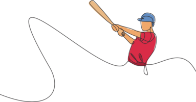 uno continuo línea dibujo de joven deportivo hombre béisbol jugador seriamente práctica a arena. competitivo deporte concepto. dinámica soltero línea dibujar diseño gráfico ilustración para promoción póster png