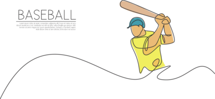 One single line drawing of young energetic man baseball player practice to hit the ball illustration. Sport training concept. Modern continuous line draw design for baseball tournament banner png