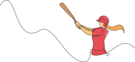 einer Single Linie Zeichnung von jung energisch Frau Baseball Spieler trainieren zu schlagen das Ball Illustration. Sport Ausbildung Konzept. modern kontinuierlich Linie zeichnen Design zum Baseball Turnier Banner png