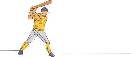 uno continuo línea dibujo de joven deportivo hombre béisbol jugador práctica a golpear el pelota a campo. competitivo deporte concepto. dinámica soltero línea dibujar diseño ilustración para promoción póster png