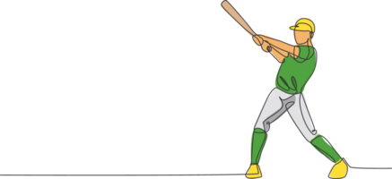 uno singolo linea disegno di giovane energico uomo baseball giocatore pratica per colpire il palla illustrazione. sport formazione concetto. moderno continuo linea disegnare design per baseball torneo bandiera png