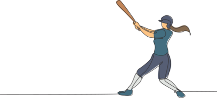 uno soltero línea dibujo de joven energético mujer béisbol jugador práctica a golpear el pelota ilustración. deporte formación concepto. moderno continuo línea dibujar diseño para béisbol torneo bandera png