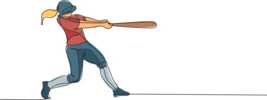 uno continuo línea dibujo de joven deportivo mujer béisbol jugador práctica a golpear el pelota. competitivo deporte concepto. dinámica soltero línea dibujar diseño gráfico ilustración para promoción póster png