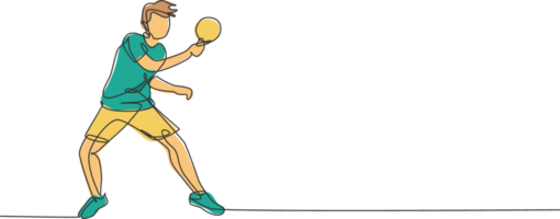 One continuous line drawing of young sporty man table tennis player practice to hit the ball. Competitive sport concept. Single line draw design illustration for ping pong championship poster png