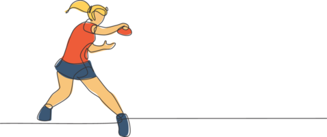 Single continuous line drawing of young agile woman table tennis player hit the ball. Sport exercise concept. Trendy one line draw design illustration for ping pong tournament promotion media png