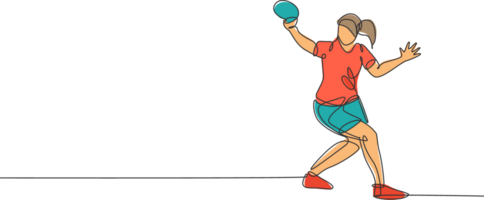 One continuous line drawing of young sporty woman table tennis player hit the ball. Competitive sport concept. Single line draw design graphic illustration for ping pong championship poster png