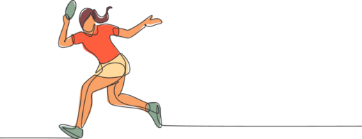 1 solteiro linha desenhando do jovem enérgico mulher mesa tênis jogador corre para pegar bola ilustração. esporte Treinamento conceito. moderno contínuo linha desenhar Projeto para ping pong torneio bandeira png
