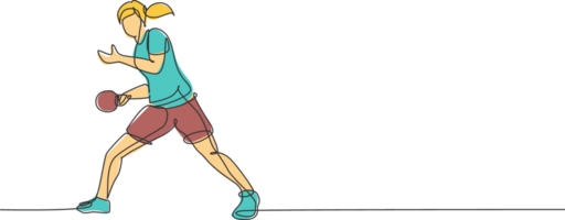 singolo continuo linea disegno di giovane agile donna tavolo tennis giocatore servire il sfera. sport esercizio concetto. di moda uno linea disegnare design illustrazione per ping pong torneo promozione media png