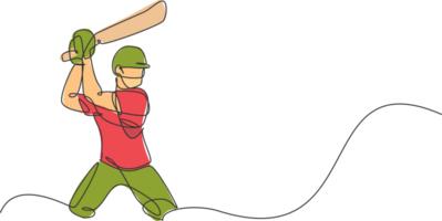 Single kontinuierlich Linie Zeichnung von jung agil Mann Kricket Spieler Stehen und bereit zu schlagen Ball Illustration. Sport Übung Konzept. modisch einer Linie zeichnen Design zum Kricket Beförderung Medien png