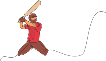 ett kontinuerlig linje teckning av ung Lycklig man cricket spelare stående hållning till träffa de boll illustration. konkurrenskraftig sport begrepp. dynamisk enda linje dra design för annons affisch png