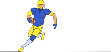 One continuous line drawing of young happy american football player running fast to avoid opponents for competition poster. Sport teamwork concept. Dynamic single line draw design illustration png