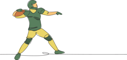 Célibataire continu ligne dessin de Jeune agile américain Football joueur passer jeter le Balle à le sien équipe pour compétition médias. sport exercice concept. branché un ligne dessiner conception illustration png