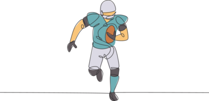 Célibataire continu ligne dessin de Jeune agile américain Football joueur fonctionnement vite vers objectif ligne pour compétition médias. sport exercice concept. branché un ligne dessiner conception illustration png