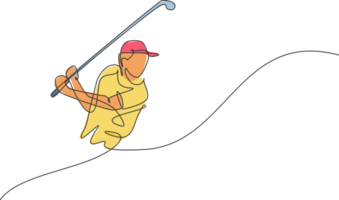 One continuous line drawing of young golf player swing golf club and hit the ball. Leisure sport concept. Dynamic single line draw design illustration graphic for tournament promotion media png