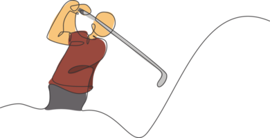 einer kontinuierlich Linie Zeichnung von jung Golf Spieler schwingen Golf Verein und schlagen das Ball. Freizeit Sport Konzept. dynamisch Single Linie zeichnen Design Grafik Illustration zum Turnier Beförderung Medien png