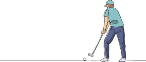 een doorlopend lijn tekening van jong golf speler schommel golf club en raken de bal. vrije tijd sport concept. dynamisch single lijn trek ontwerp grafisch illustratie voor toernooi Promotie media png