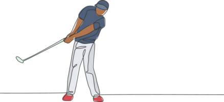 einer kontinuierlich Linie Zeichnung von jung Golf Spieler schwingen Golf Verein und schlagen das Ball. Freizeit Sport Konzept. dynamisch Single Linie zeichnen Design Illustration Grafik zum Turnier Beförderung Medien png