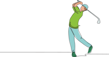 uno soltero línea dibujo de joven deportivo golf jugador golpear el pelota utilizando golf club gráfico ilustración. sano deporte concepto. moderno continuo línea dibujar diseño para golf torneo póster png