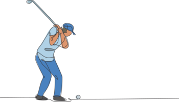 een doorlopend lijn tekening van jong golf speler schommel golf club en raken de bal. vrije tijd sport concept. dynamisch single lijn trek ontwerp illustratie grafisch voor toernooi Promotie media png