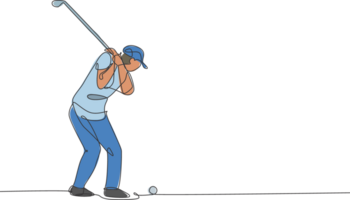 ett kontinuerlig linje teckning av ung golf spelare gunga golf klubb och träffa de boll. fritid sport begrepp. dynamisk enda linje dra design illustration grafisk för turnering befordran media png