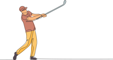 uno soltero línea dibujo de joven deportivo golf jugador golpear el pelota utilizando golf club gráfico ilustración. sano deporte concepto. moderno continuo línea dibujar diseño para golf torneo póster png