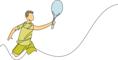 Single kontinuierlich Linie Zeichnung jung agil Tennis Spieler halt des Gegners Ball Schlag. Sport Übung Konzept. modisch einer Linie zeichnen Grafik Design Illustration zum Tennis Turnier Beförderung Medien png