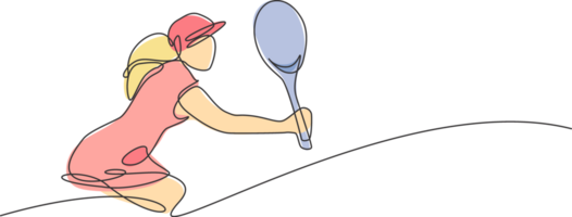 ett enda linje teckning av ung energisk kvinna tennis spelare håll de boll illustration. sport Träning begrepp. modern kontinuerlig linje dra design för tennis turnering baner och affisch png