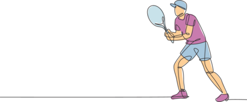 soltero continuo línea dibujo de joven ágil tenis jugador concentrado a golpear el pelota. deporte ejercicio concepto. de moda uno línea dibujar diseño ilustración para tenis torneo promoción medios de comunicación png