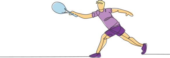 een single lijn tekening jong energiek Mens tennis speler raken de bal grafisch illustratie. sport opleiding concept. modern doorlopend lijn trek ontwerp voor tennis toernooi banier en poster png