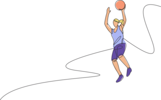 Single continuous line drawing of young healthy basketball female player jumping. Competitive sport concept. Trendy one line draw design illustration for basketball tournament promotion media png