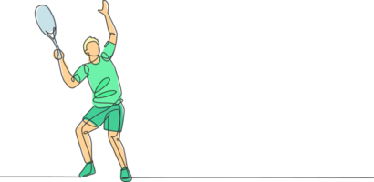einer kontinuierlich Linie Zeichnung von jung glücklich Mann Tennis Spieler bereiten zu Bedienung und schlagen das Ball. wettbewerbsfähig Sport Konzept. dynamisch Single Linie zeichnen Design Illustration zum Turnier Poster png