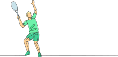 uno continuo línea dibujo de joven contento hombre tenis jugador preparar a Servicio y golpear el pelota. competitivo deporte concepto. dinámica soltero línea dibujar diseño ilustración para torneo póster png