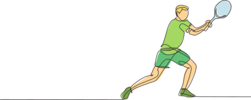 uno soltero línea dibujo joven energético masculino tenis jugador golpear el pelota gráfico ilustración. deporte formación concepto. moderno continuo línea dibujar diseño para tenis torneo bandera y póster png