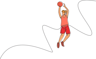 uno singolo linea disegno di giovane energico pallacanestro giocatore salto e tiro palla illustrazione. salutare sport concetto. moderno continuo linea disegnare design per pallacanestro torneo bandiera png