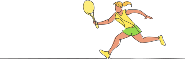 uno continuo línea dibujo joven contento mujer tenis jugador correr y golpear el pelota. competitivo deporte concepto. dinámica soltero línea dibujar diseño gráfico ilustración para torneo promoción póster png