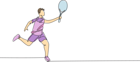 Single continuous line drawing of young agile man tennis player defense and hold the ball. Sport exercise concept. Trendy one line draw design illustration for tennis tournament promotion media png