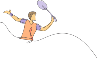 single doorlopend lijn tekening van jong behendig badminton speler geven laten vallen schot raken naar tegenstander. sport concept. modieus een lijn trek ontwerp illustratie voor badminton toernooi publicatie media png