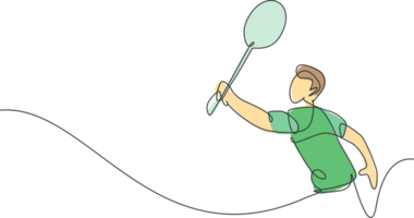 single doorlopend lijn tekening van jong behendig badminton speler raken shuttle. competitief sport concept. modieus een lijn trek ontwerp illustratie voor badminton toernooi publicatie media png
