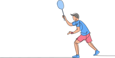 solteiro contínuo linha desenhando do jovem ágil badminton jogador esperar para oponente servir. competitivo esporte conceito. na moda 1 linha desenhar Projeto ilustração para badminton torneio publicação png