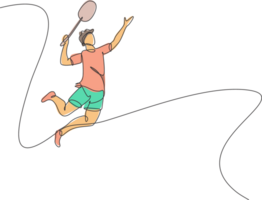 single doorlopend lijn tekening van jong behendig badminton speler springen en verpletteren de bal. sport oefening concept. modieus een lijn trek ontwerp illustratie voor badminton toernooi publicatie png