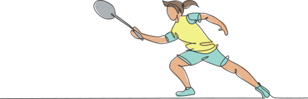 solteiro contínuo linha desenhando jovem ágil badminton jogador bater peteca. esporte exercício conceito. na moda 1 linha desenhar Projeto ilustração gráfico para badminton torneio publicação meios de comunicação png